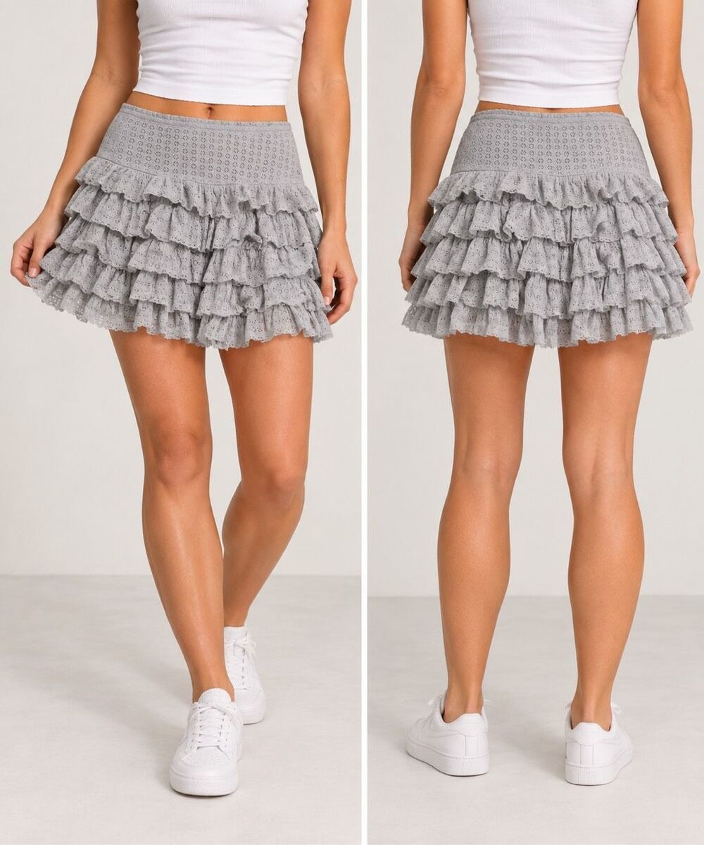 American Eagle Lace Ruffle Mini Skirt Size S Gray Tiered Y2K Romantic